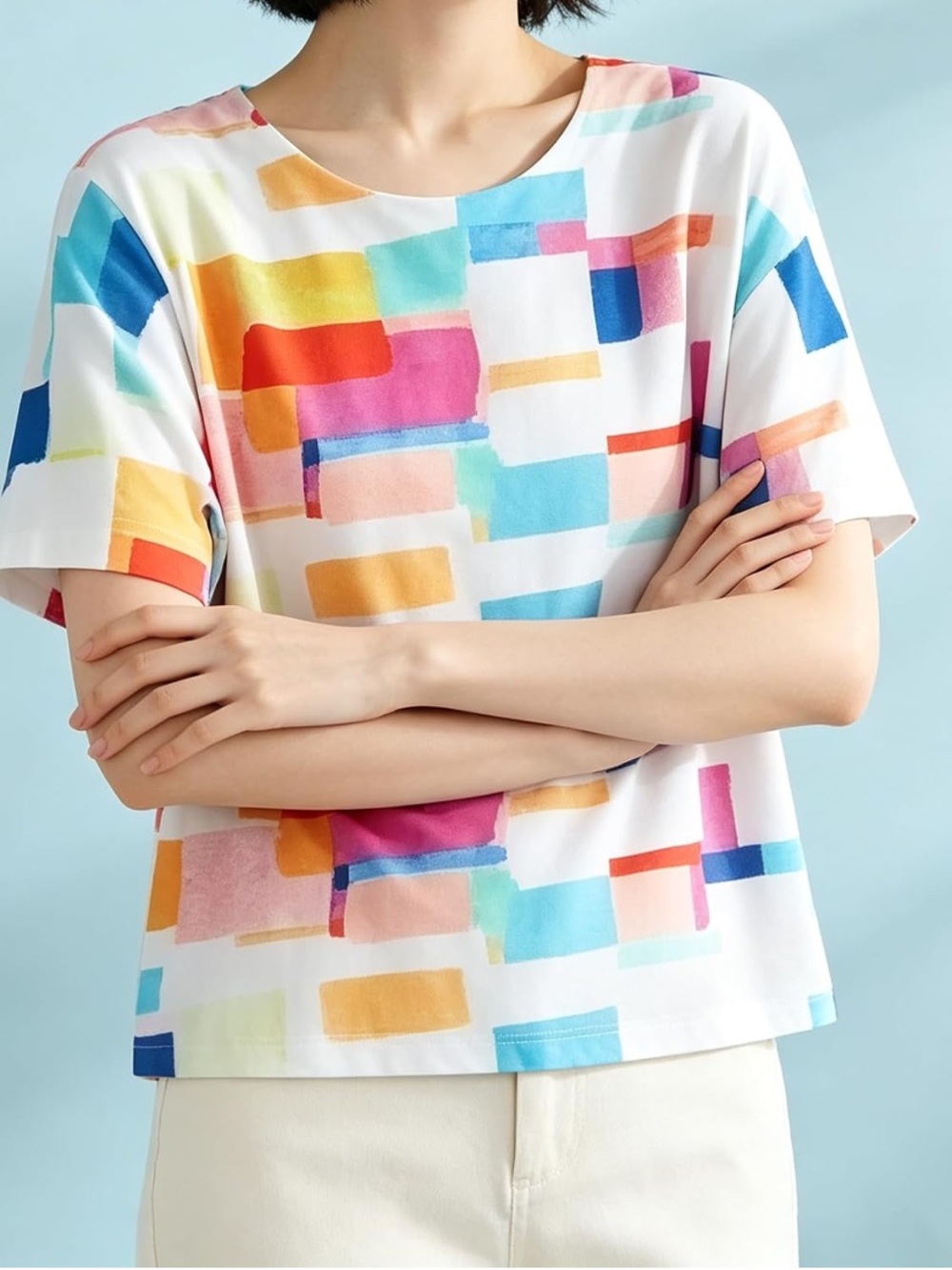 NWT No Label Size S Abstract Color Block Print Stretch Tee